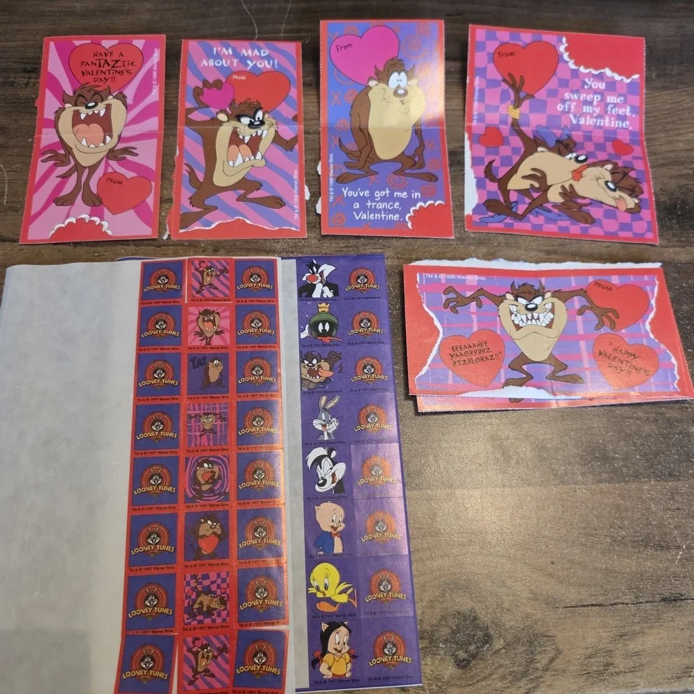 Looney Tunes Tazmanian Devil Valentine's Day Cards & Stickers Lot of 6 Some Used